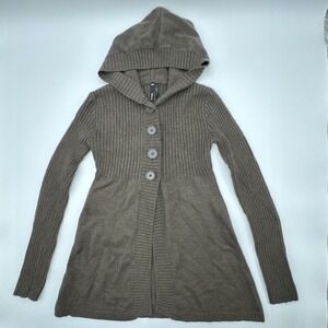 Girls TAKEOUT Brown Y2K Ribbed Long Sleeve Button Sweater With Hood Size Large